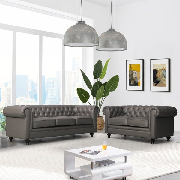 Hertford Faux Leather 3 + 2 Seater Sofa Set In Dark Grey
