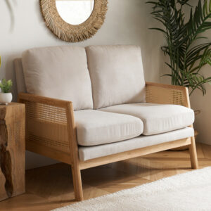 Issaquah Fabric 2 Seater Sofa With Wooden Frame In Grey And Oak